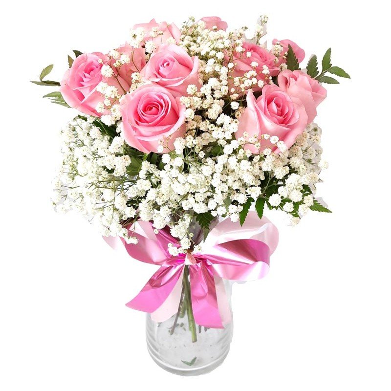 Arranjo 35cm com 12 Rosas cor de Rosa no Vaso de Vidro 